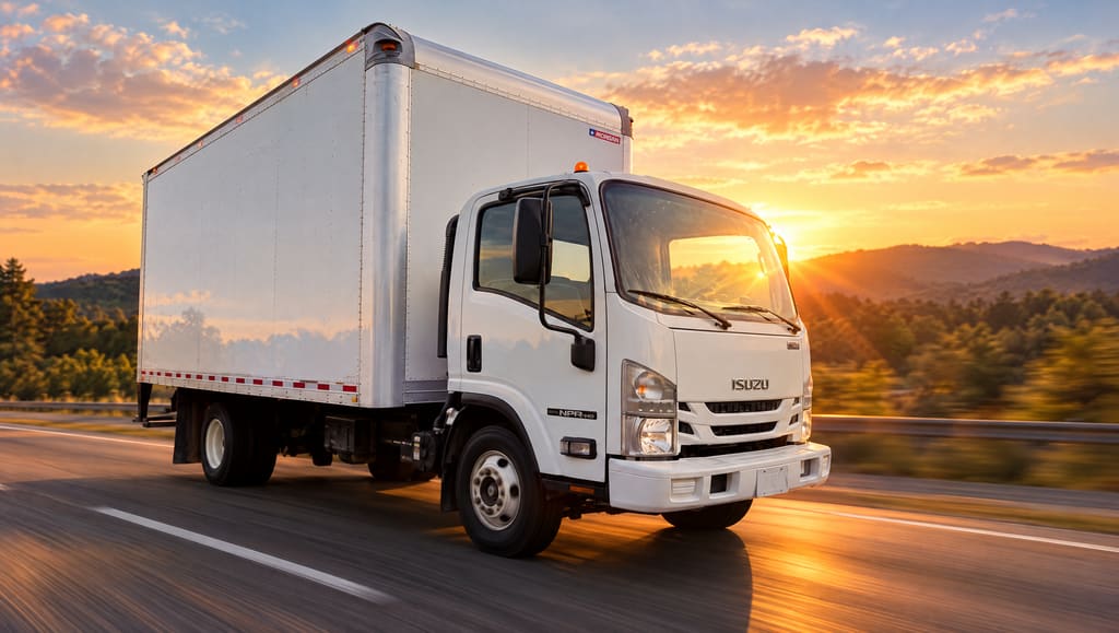 A white box truck on the open highway at sunset
